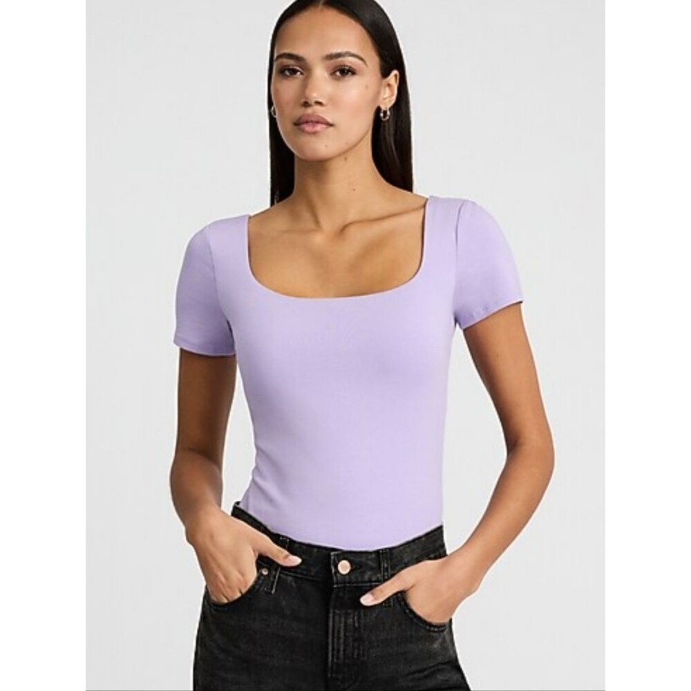 Express Body Contour Cotton Blend Compression Body Suit, Lavender, S